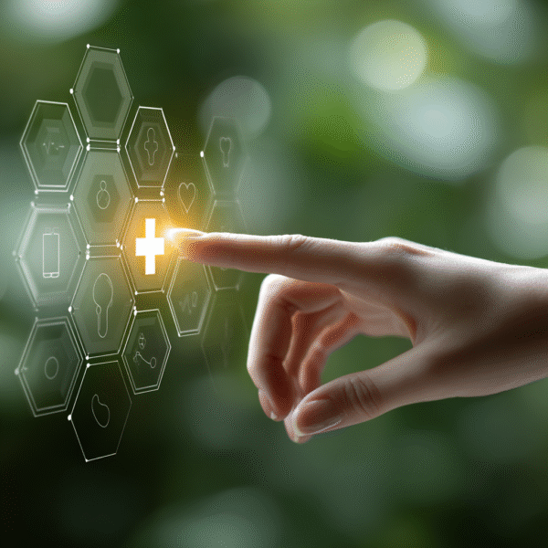 Itinai.com hand touching a medical cross symbol with icons on 110b9cfd 53b0 4ed0 8afe 910037c23e44 0